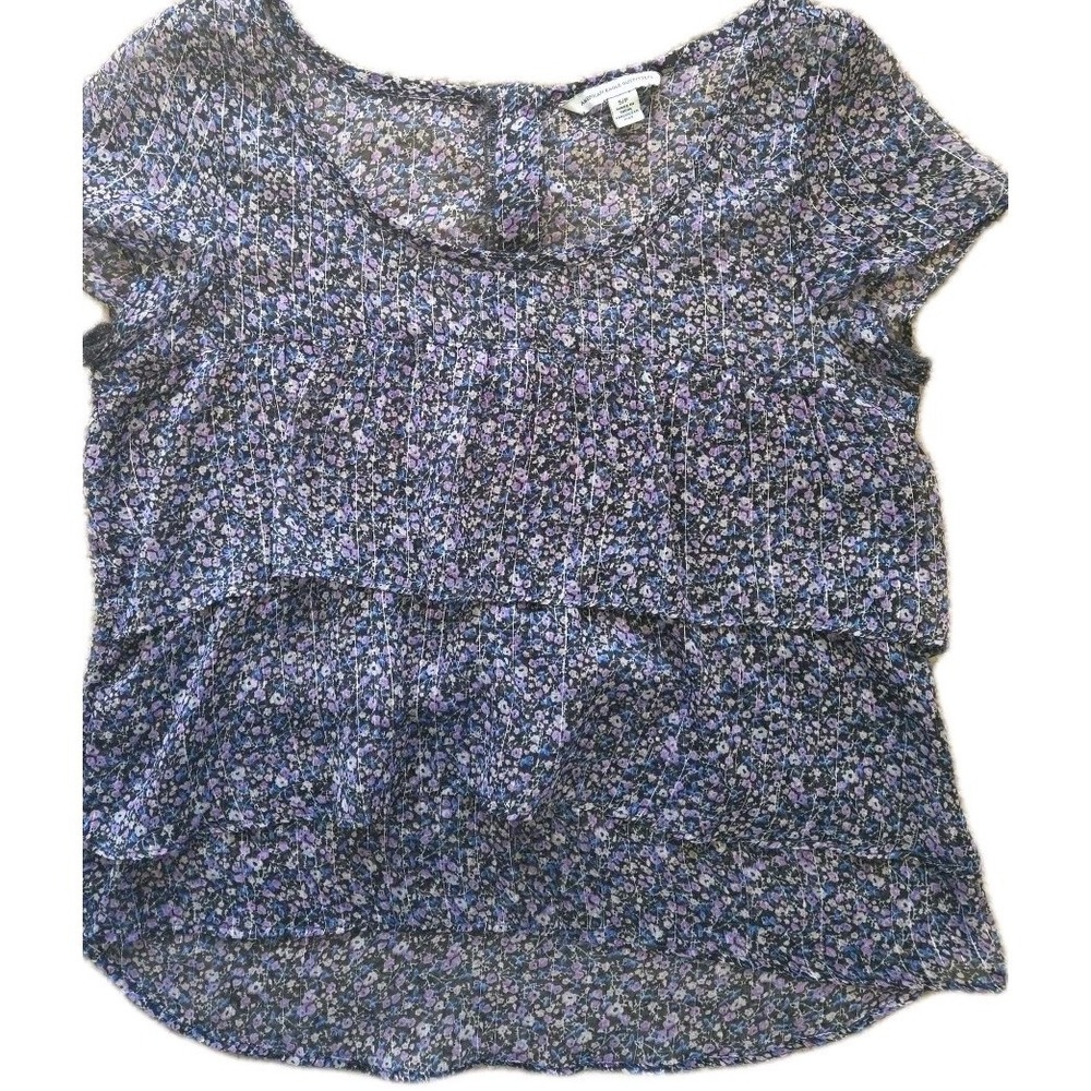 American Eagle Blouse Top Women's Small  Sheer Floral Ruffles Purple Black Zip - Picture 5 of 6
